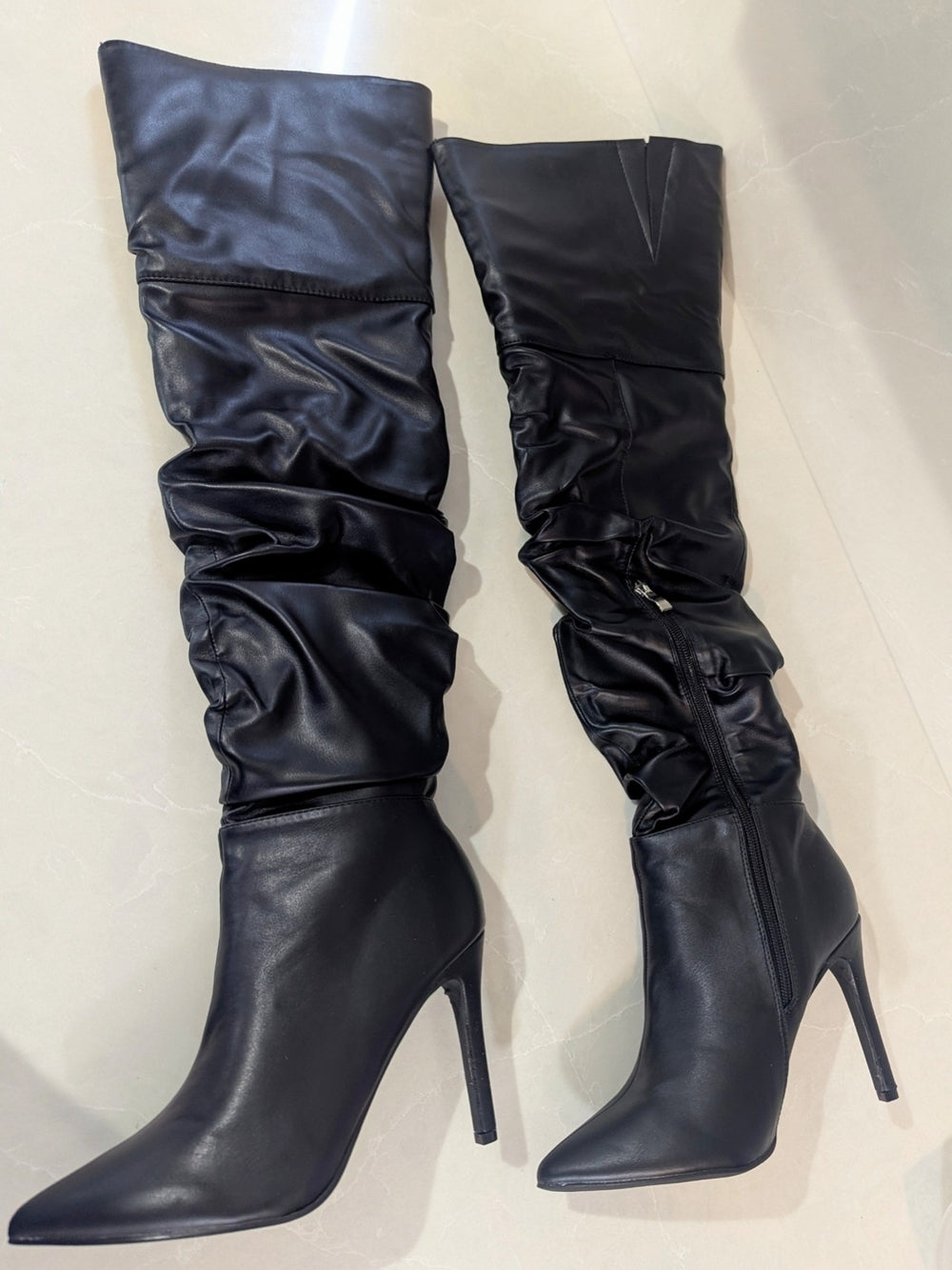 Fashion Nova Black Over-the-Knee Ruched Heeled Boots