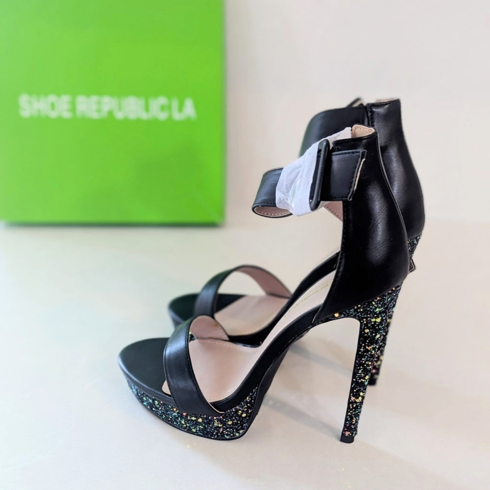 Shoe Republic LA Black Leather Ankle Strap High Heel Sandals with Glittered Sole