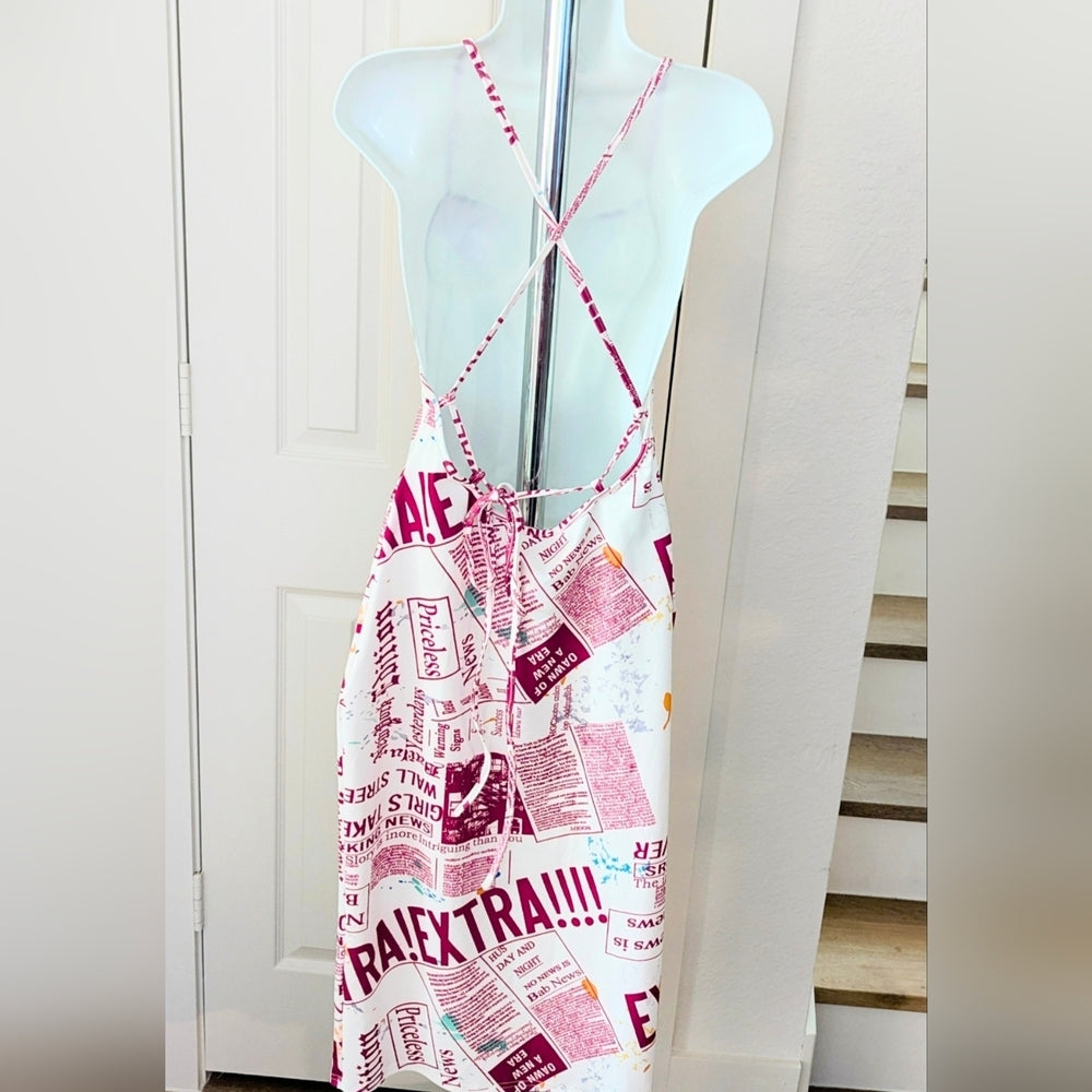 White and Burgundy Newspaper Print Midi Dress with Crisscross Back