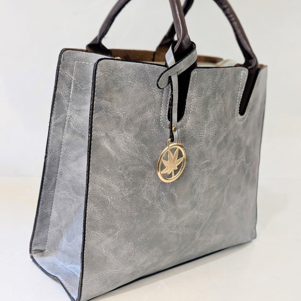 3-Piece Gray Faux Leather Tote and Clutch Bag Set with Gold Accents
