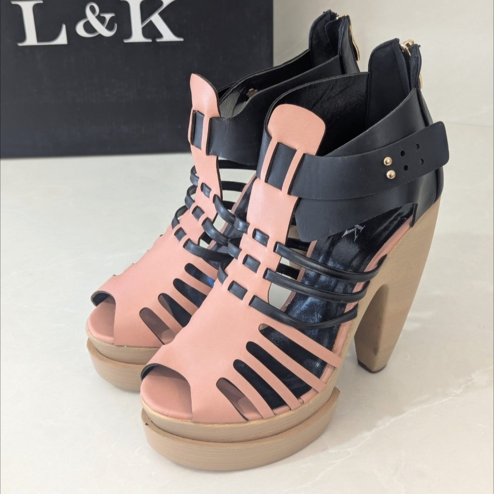 L&K Women's Strappy High Heel Platform Sandals in Pink and Black Size 8