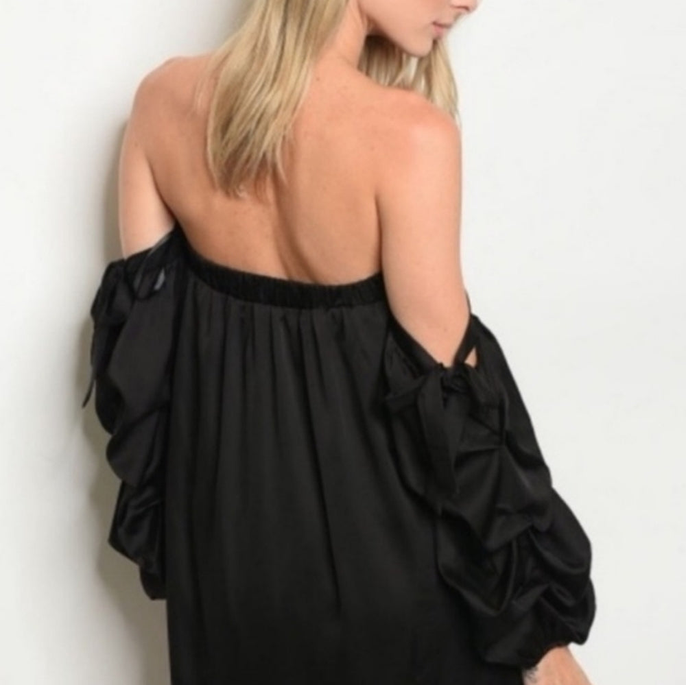 Off-Shoulder Satin Mini Dress with Ruched Sleeves and Bow Detail - Sac's Main