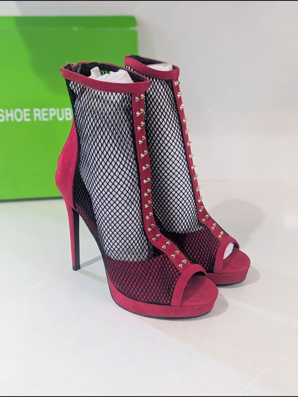 Red Mesh Peep Toe High Heel Ankle Boots with Studded Trim