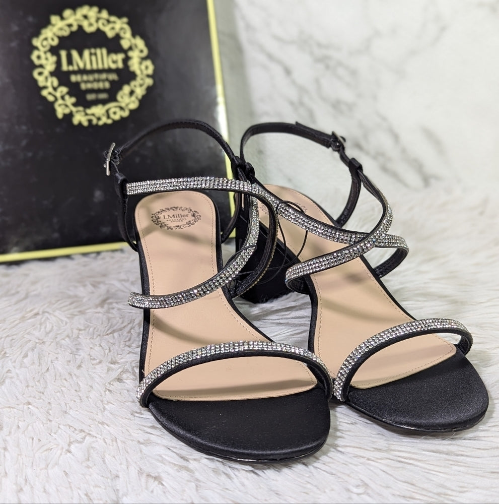 L. Miller Black Strappy Block Heel Sandals with Rhinestone Detail