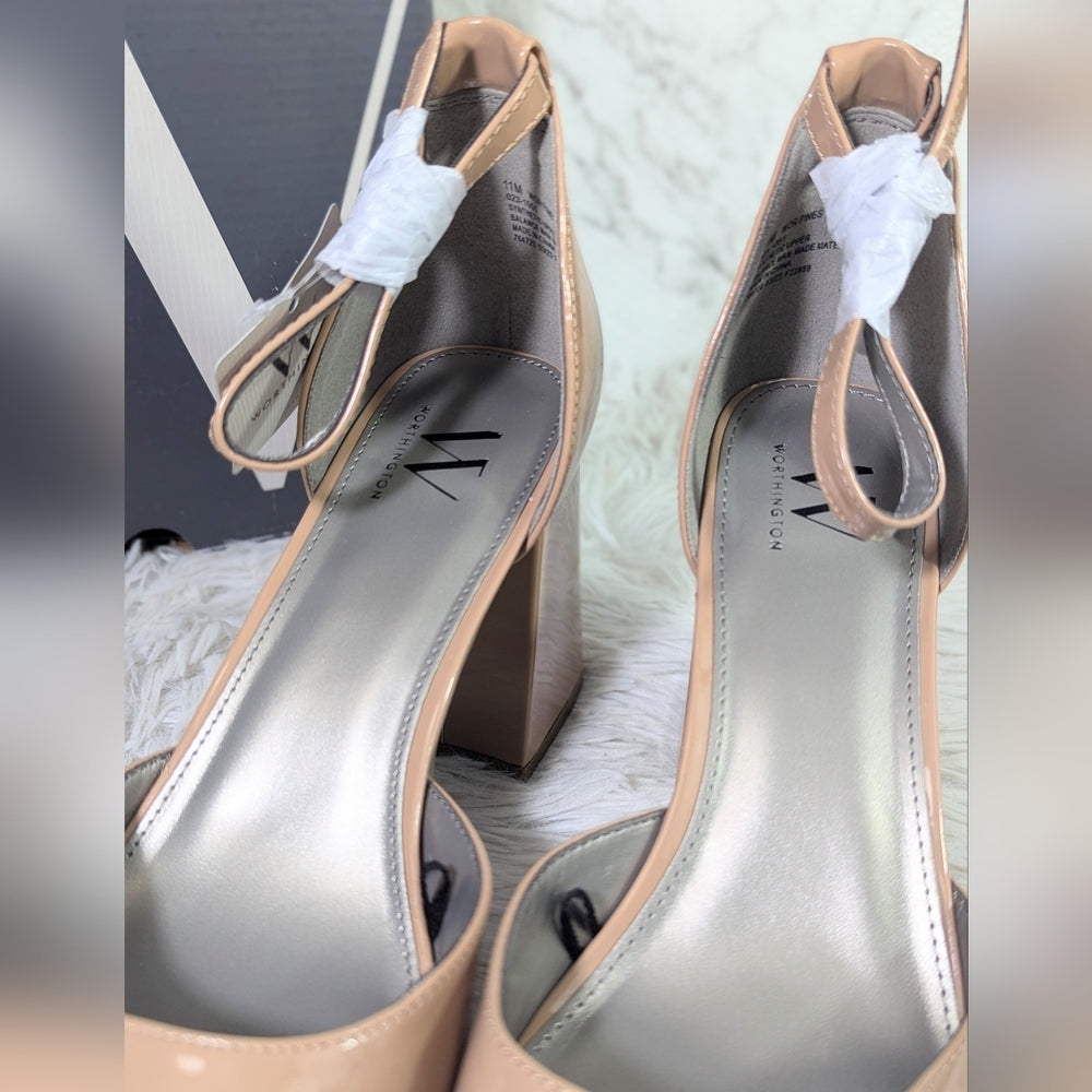 Worthington Women's Nude Patent Leather Block Heel Pumps with Ankle Strap