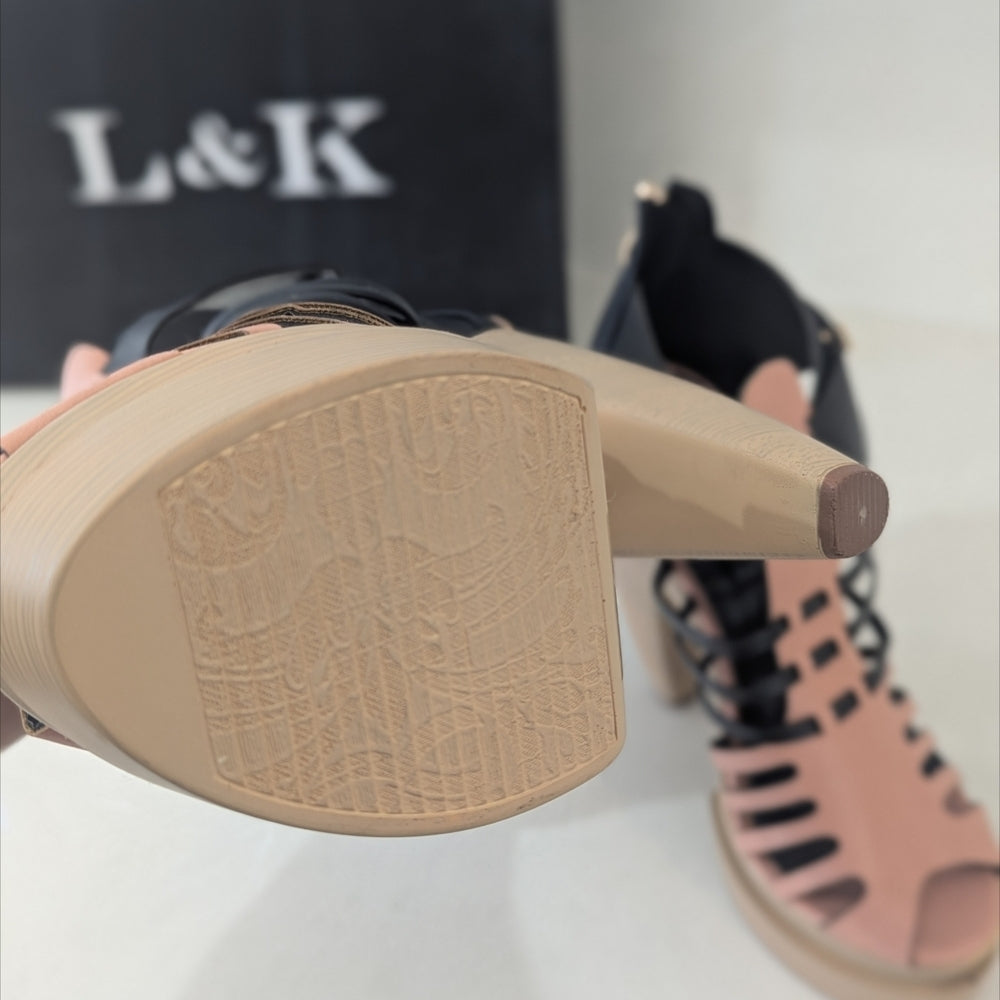 L&K Women's Strappy High Heel Platform Sandals in Pink and Black Size 8