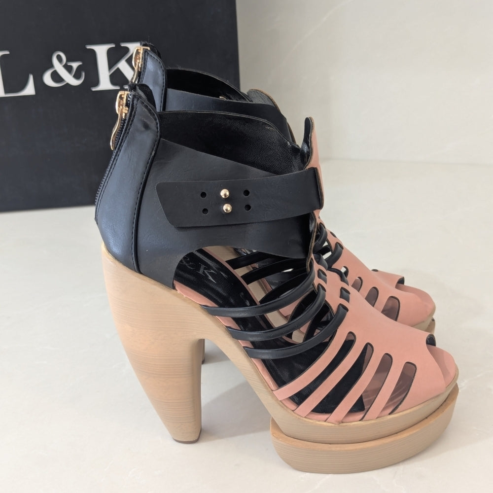 L&K Women's Strappy High Heel Platform Sandals in Pink and Black Size 8