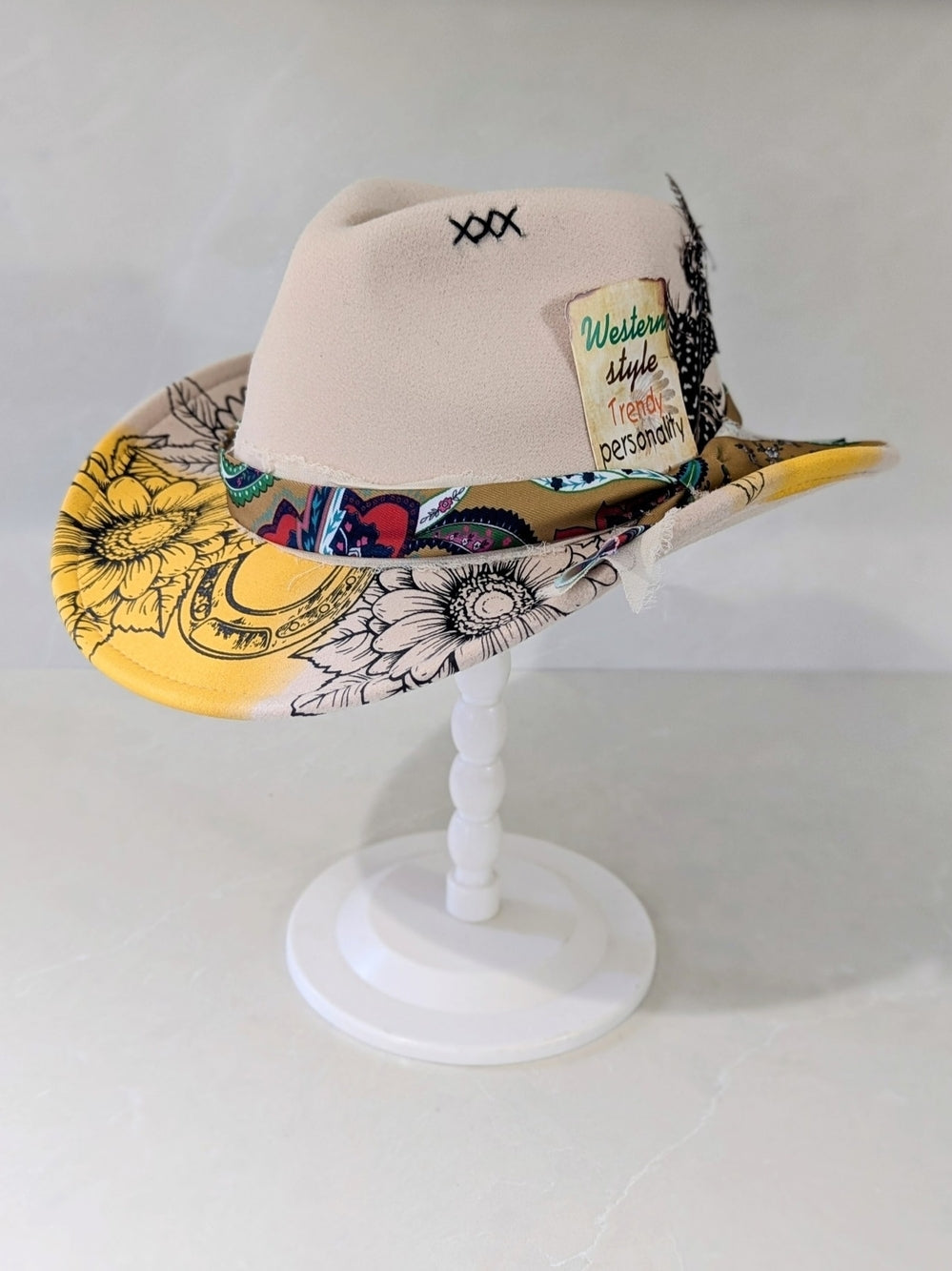 Unique Western Style Beige Fedora Hat with Floral Patterned Brim