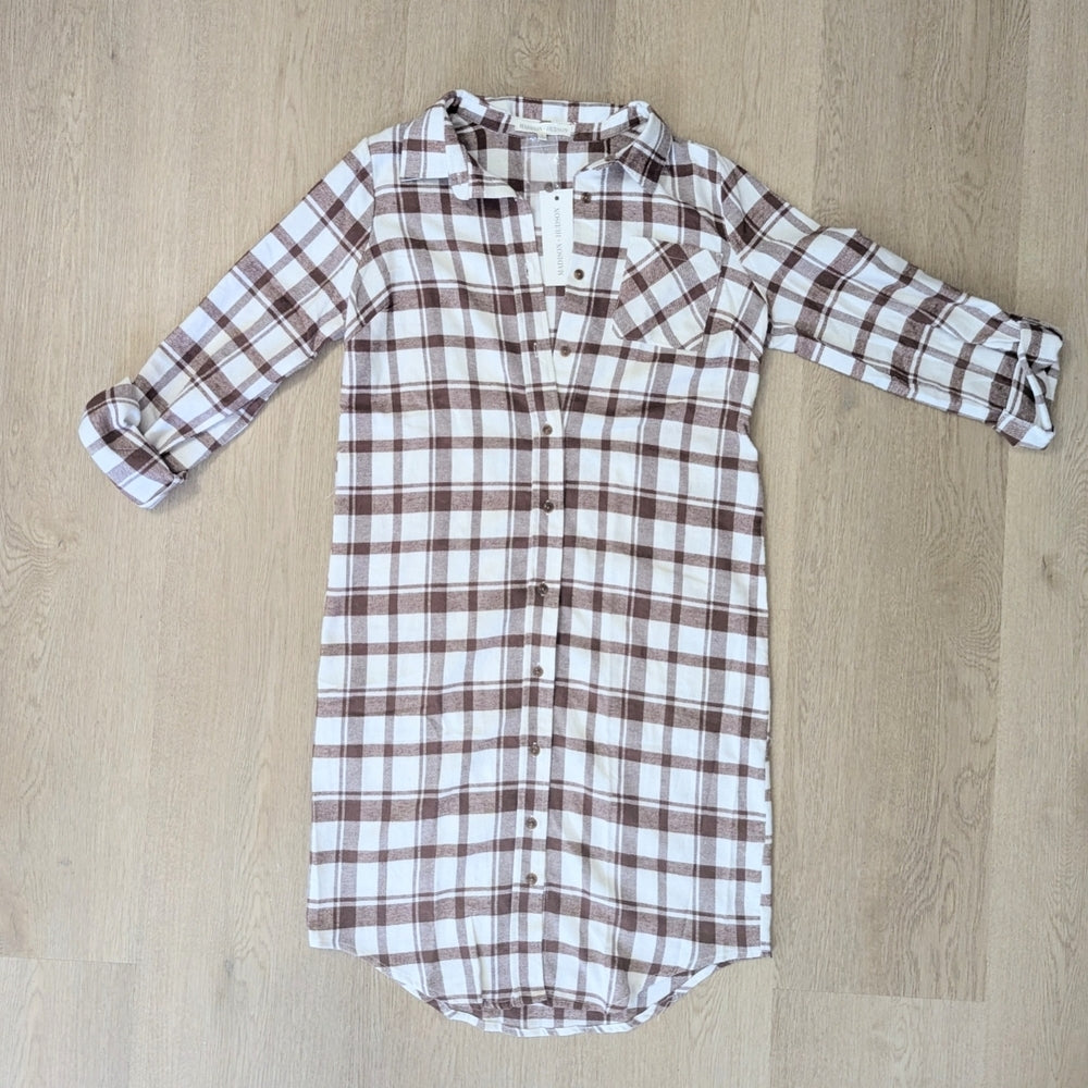 Madison + Hudson Brown and White Plaid Button-Up Shirt Dress Size S