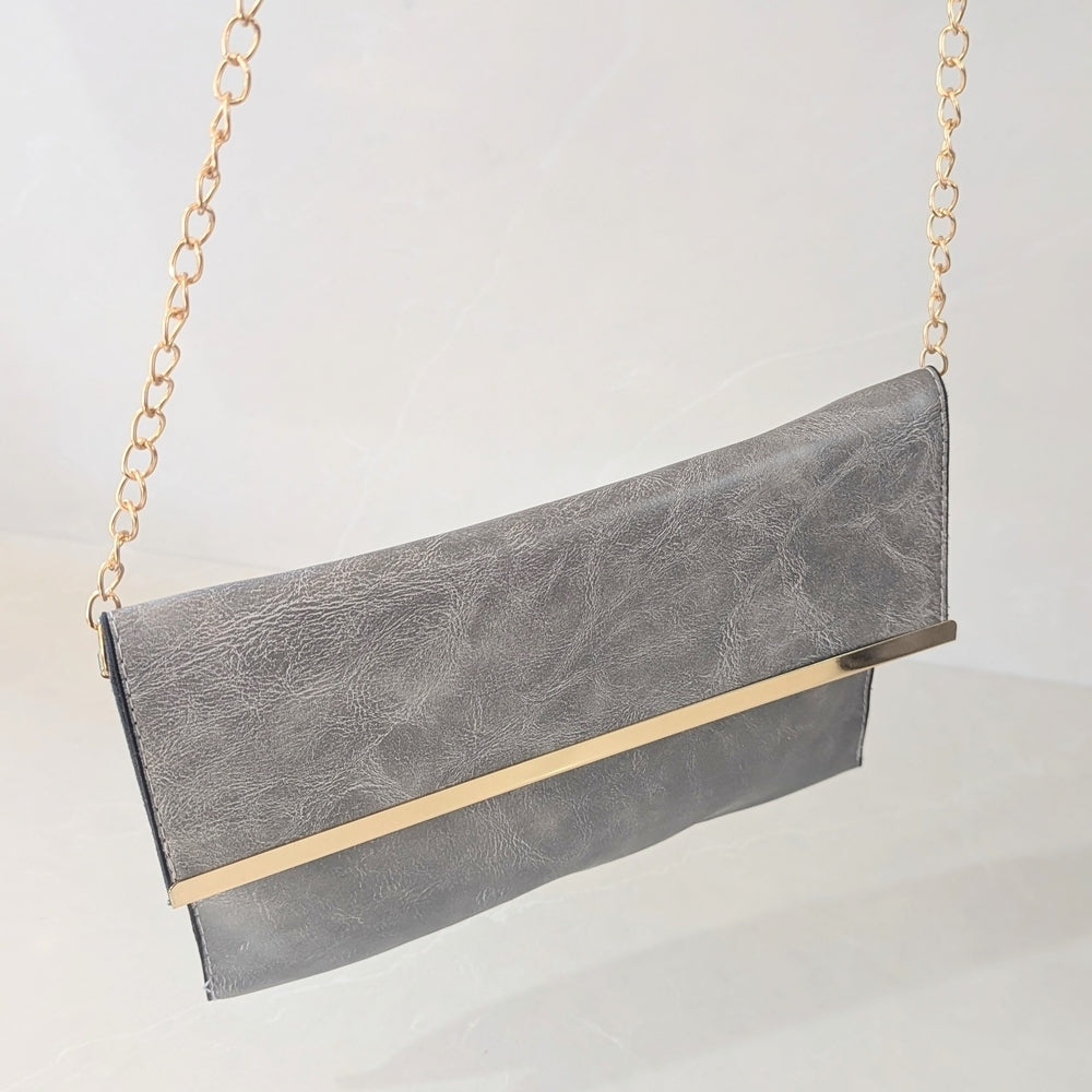 3-Piece Gray Faux Leather Tote and Clutch Bag Set with Gold Accents