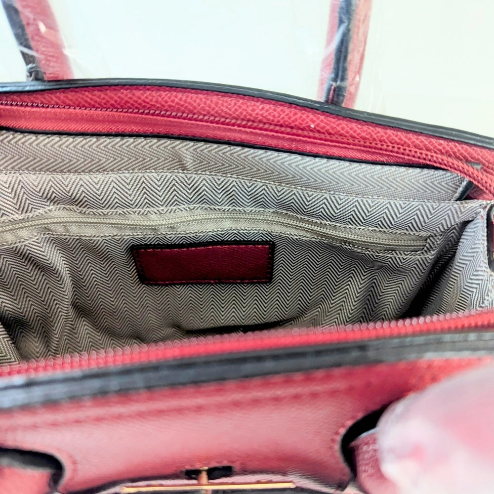 Elegant Burgundy Satchel Handbag with Gold Lock and Matching Wallet