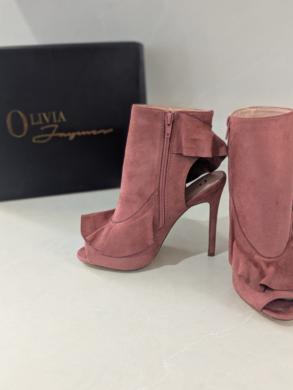 Olivia Jaymes Pink Suede Ruffle Peep Toe Booties Size 8