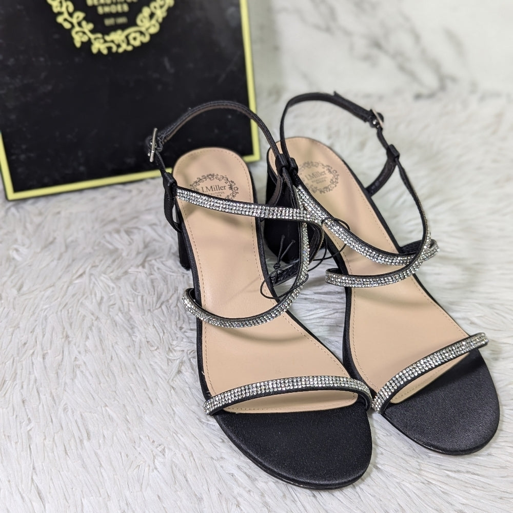L. Miller Black Strappy Block Heel Sandals with Rhinestone Detail