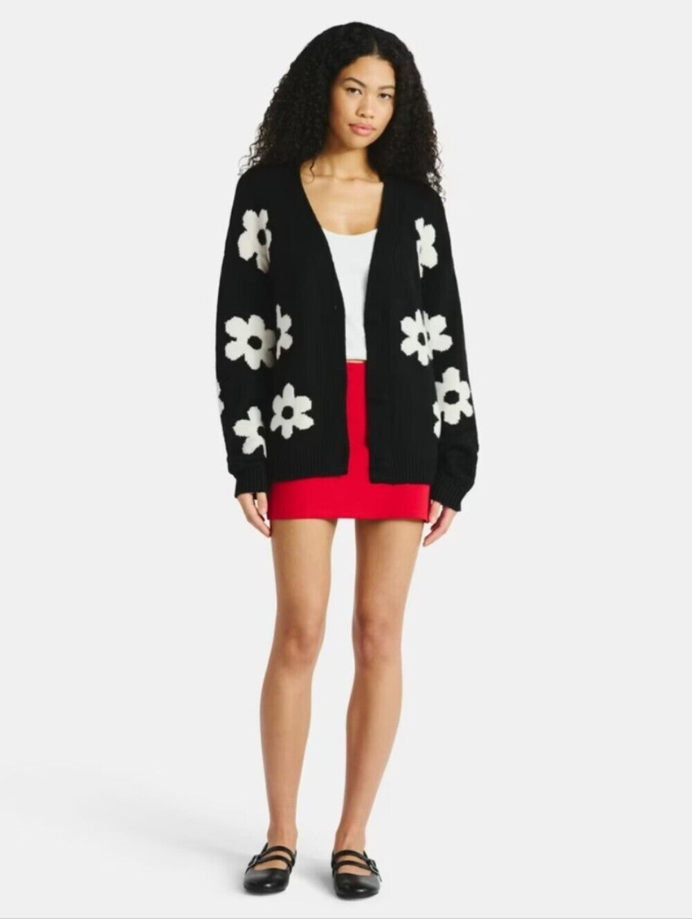 Sundry Black Cardigan with White Floral Pattern