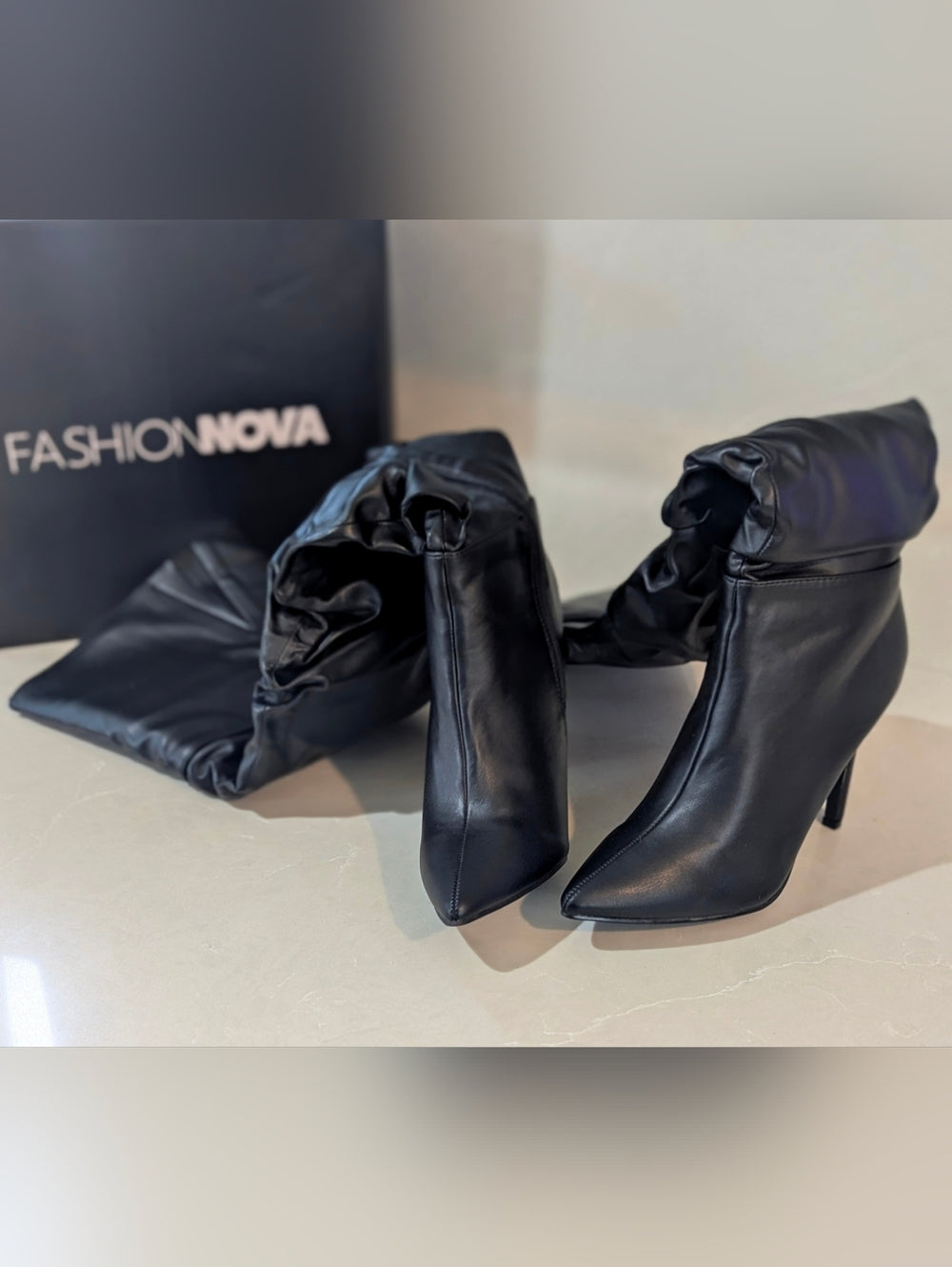 Fashion Nova Black Over-the-Knee Ruched Heeled Boots