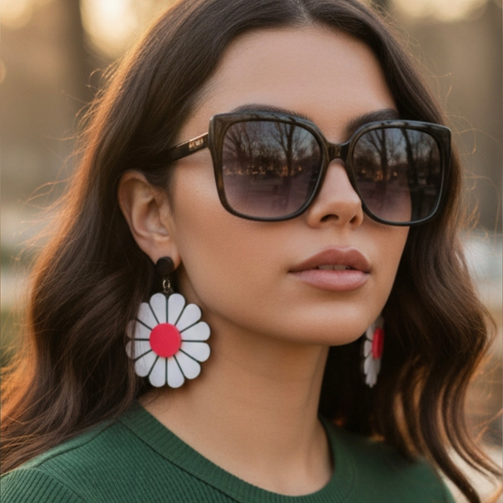 ColorNoa Large White and Pink Daisy Dangle Earrings