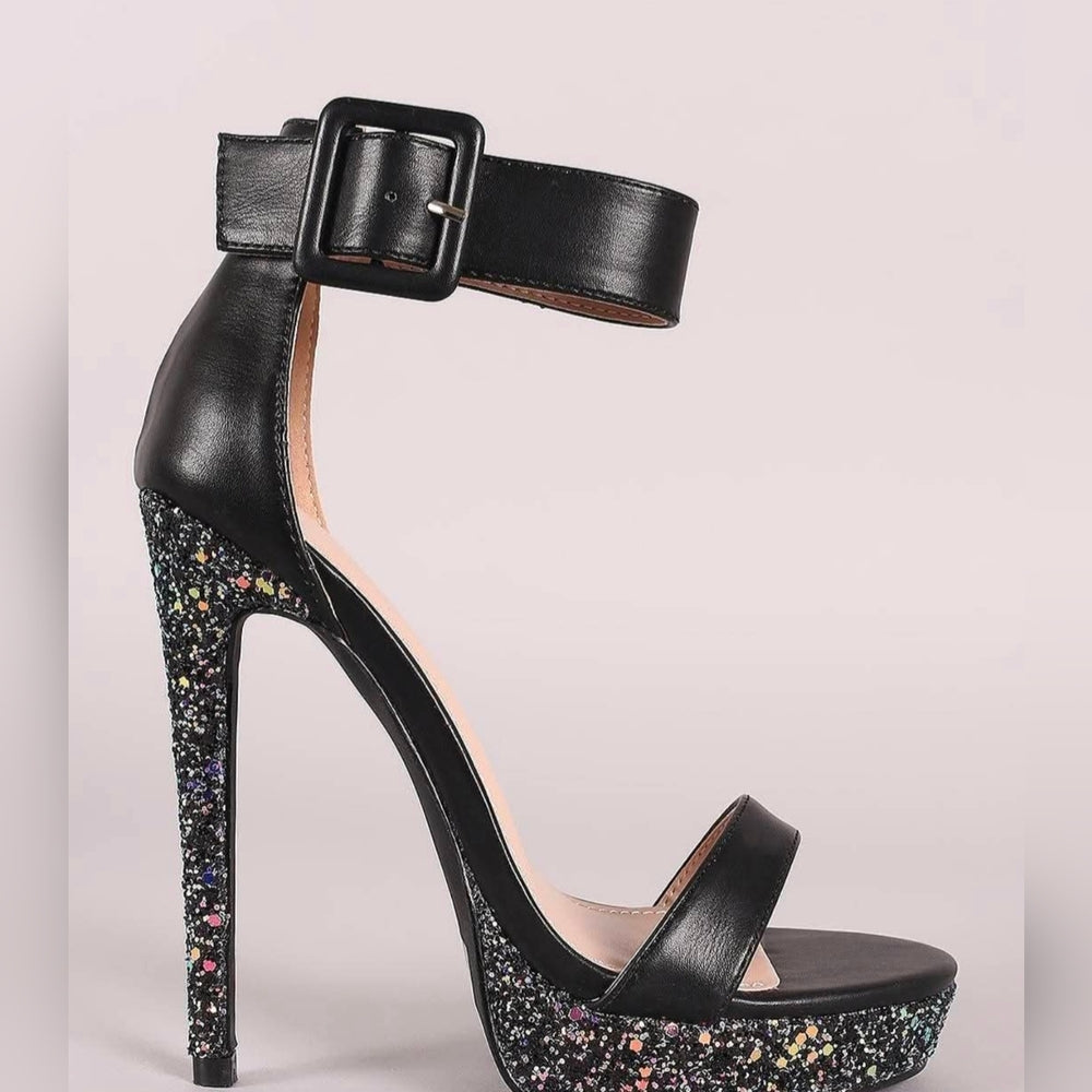 Shoe Republic LA Black Leather Ankle Strap High Heel Sandals with Glittered Sole