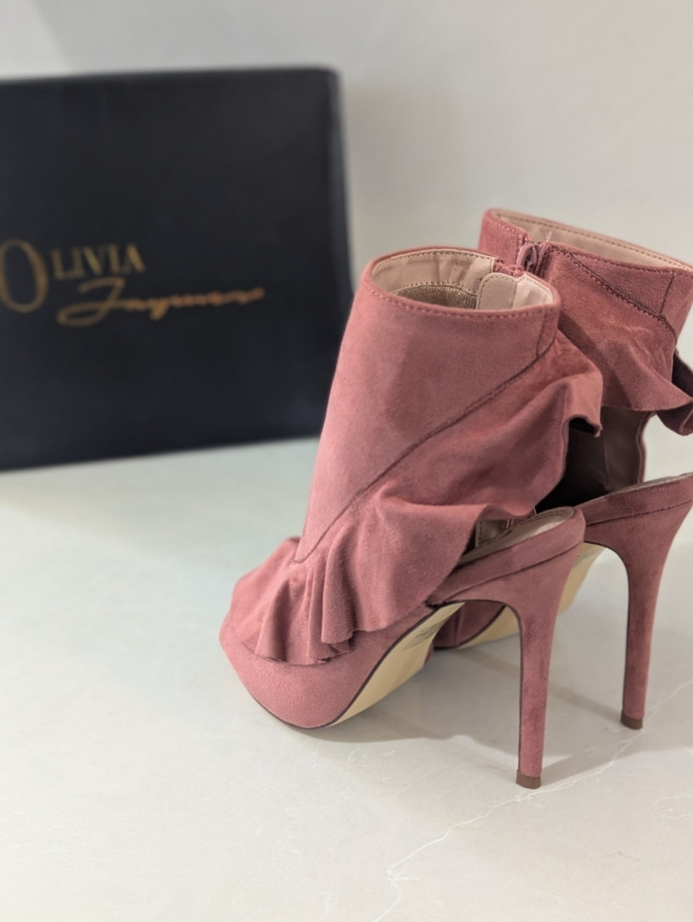 Olivia Jaymes Pink Suede Ruffle Peep Toe Booties Size 8