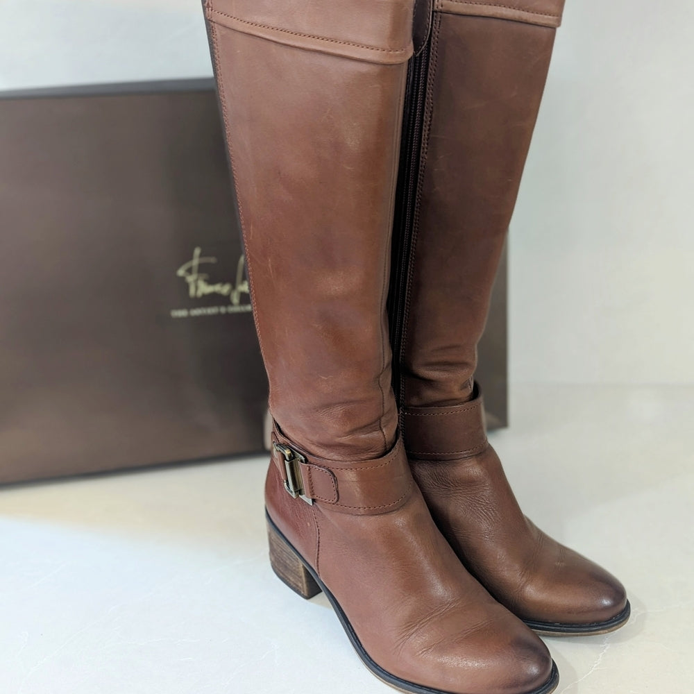 Franco Sarto Brown Leather Riding Boots with Buckle Detail