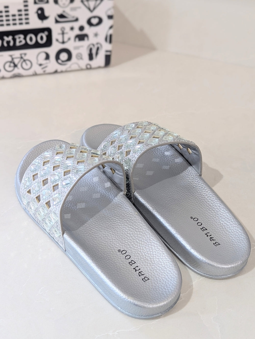 Bamboo Silver Slide Sandals with Rhinestone Embellishments