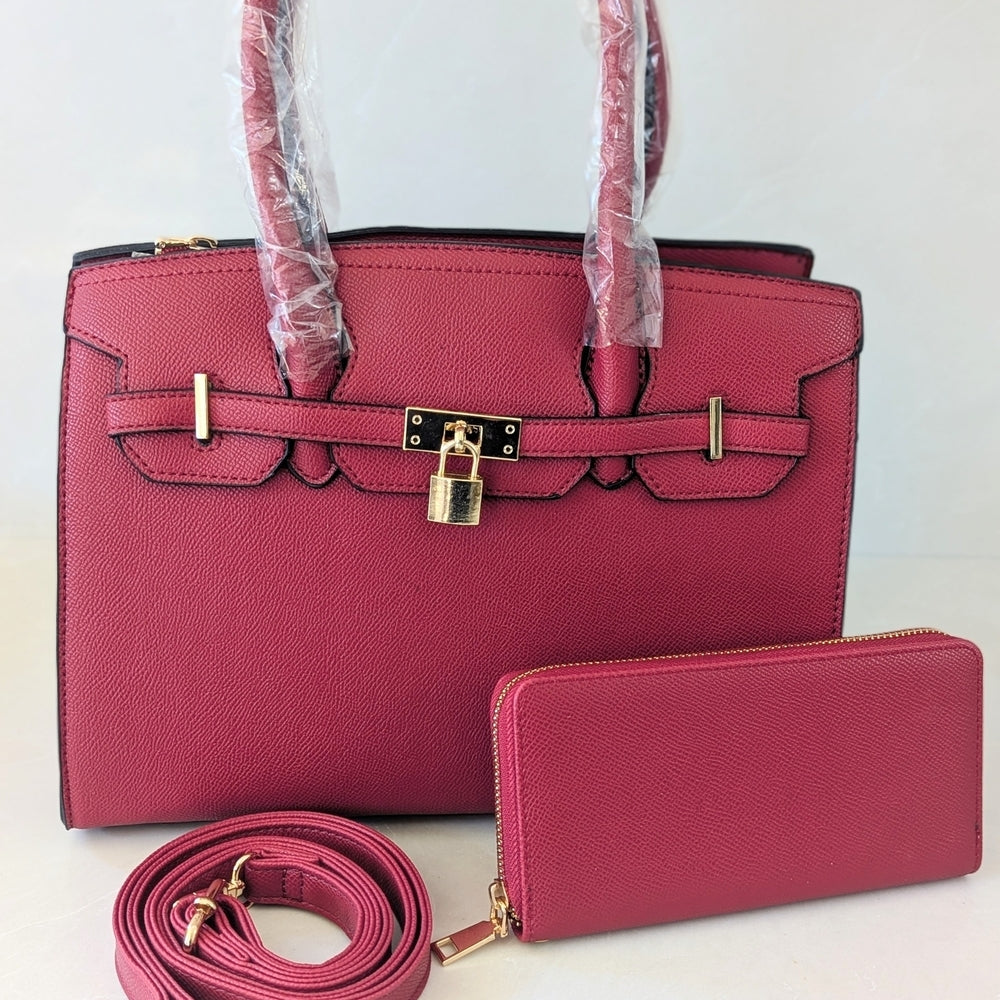Elegant Burgundy Satchel Handbag with Gold Lock and Matching Wallet