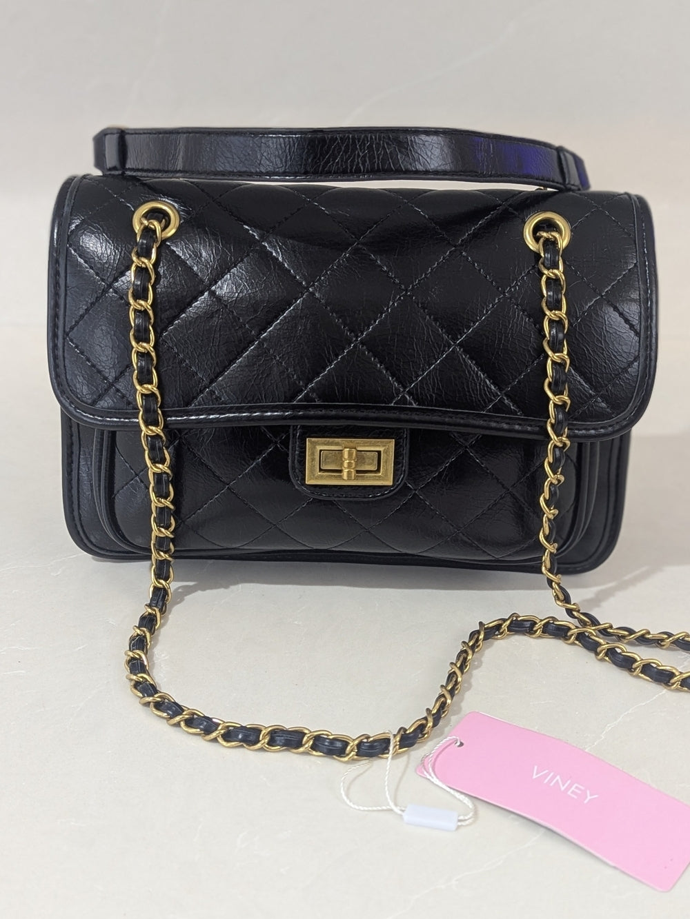 Viney Black Quilted Leather Handbag with Gold Chain Strap