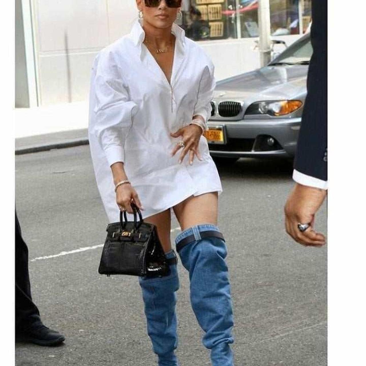 Denim Thigh-High Stiletto Boots with Belt Detail