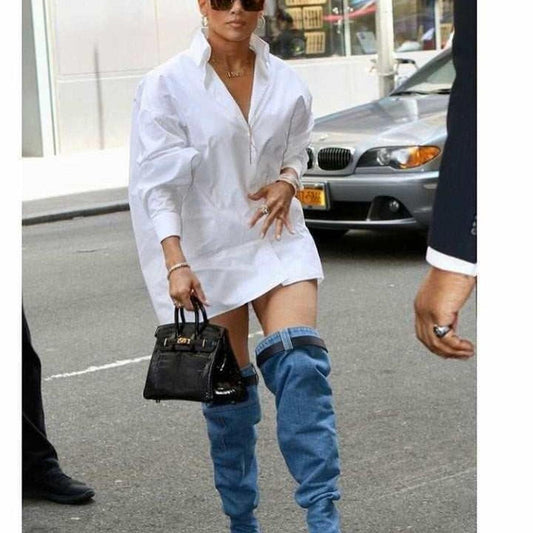 Denim Thigh-High Stiletto Boots with Belt Detail