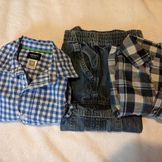 Toddler Boys 2T Blue and White Checkered Button-Up Shirt with Denim Cargo Pants