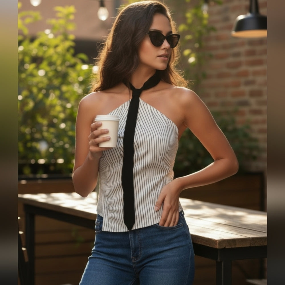 Vero Moda Striped Halter Neck Tank Top with Black Tie Detail