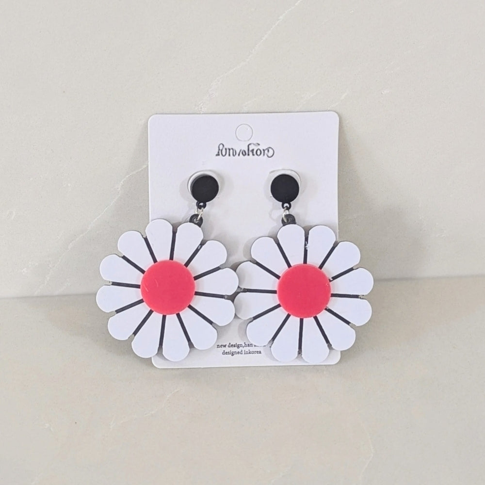ColorNoa Large White and Pink Daisy Dangle Earrings