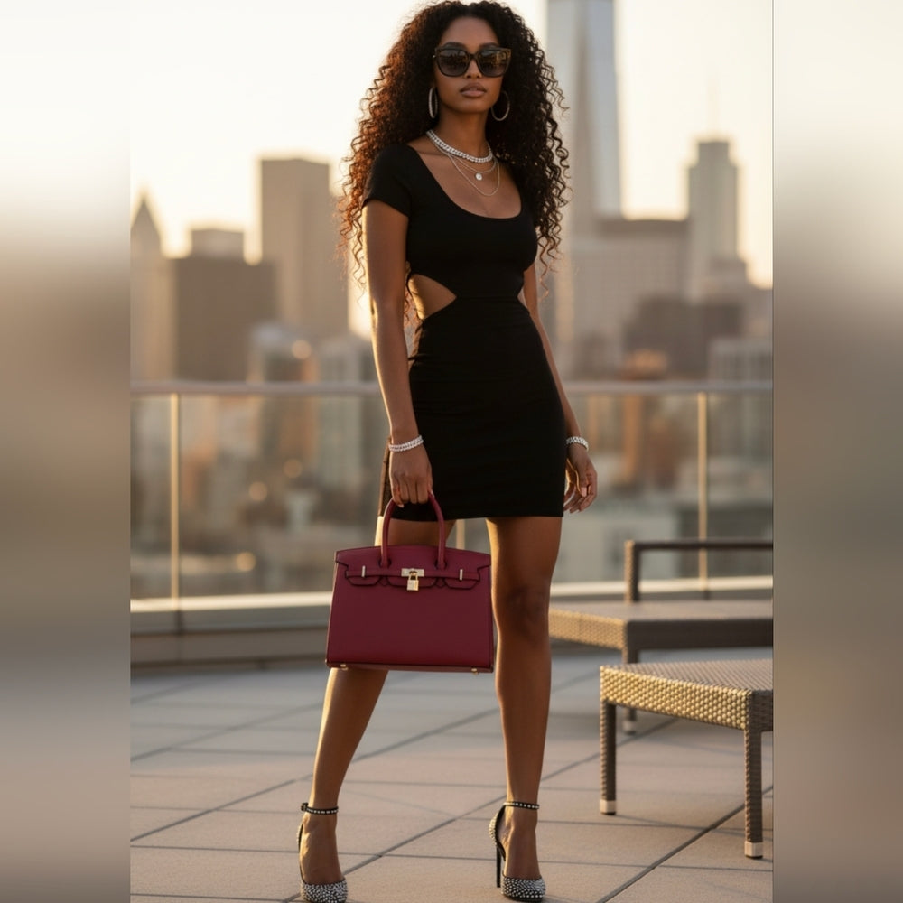 Elegant Burgundy Satchel Handbag with Gold Lock and Matching Wallet