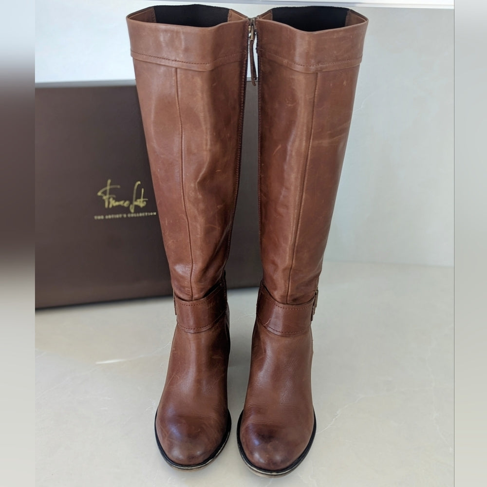 Franco Sarto Brown Leather Knee-High Riding Boots with Block Heel