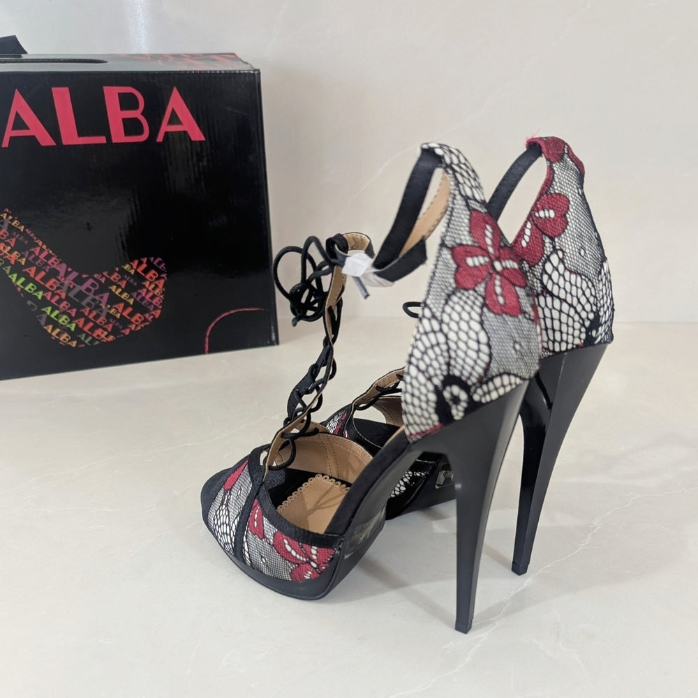 ALBA Floral Lace Peep Toe High Heel Sandals with Ankle Tie