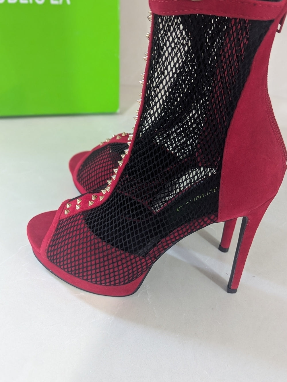 Red Mesh Peep Toe High Heel Ankle Boots with Studded Trim