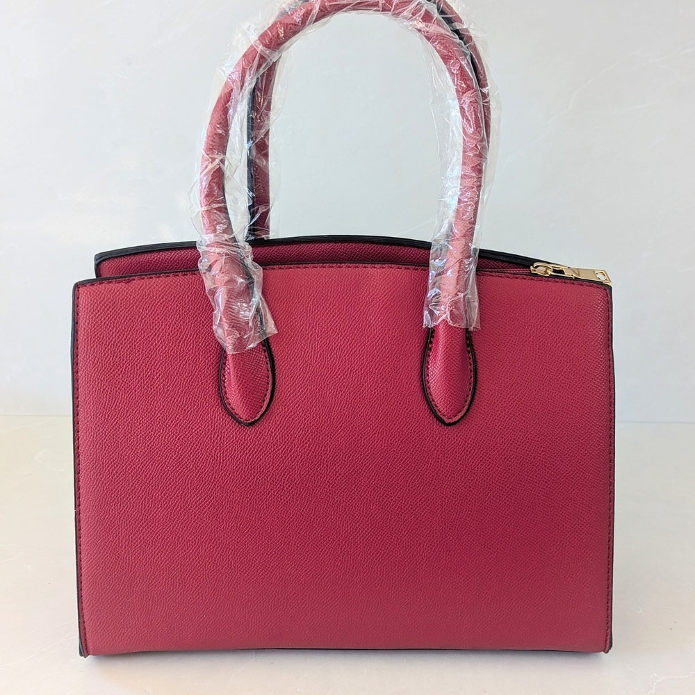 Elegant Burgundy Satchel Handbag with Gold Lock and Matching Wallet