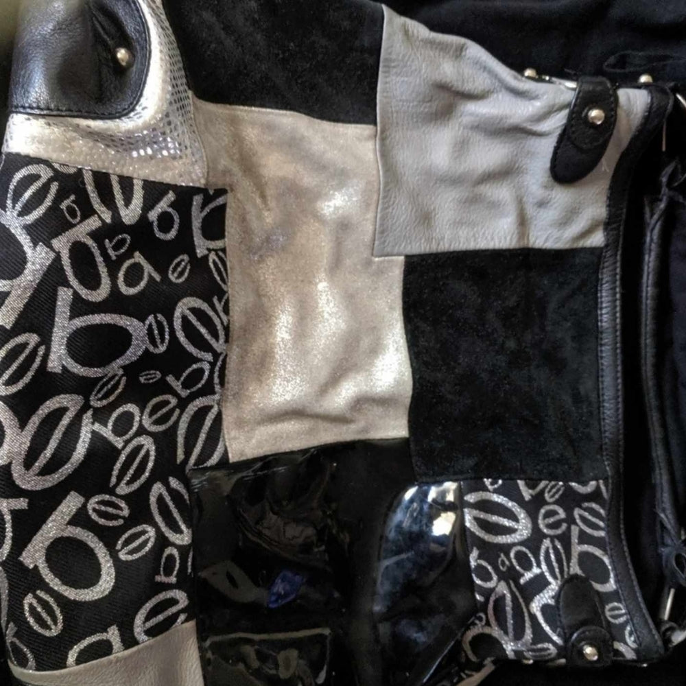 bebe Patchwork Logo Shoulder Bag with Silver Accents - Sac's Main