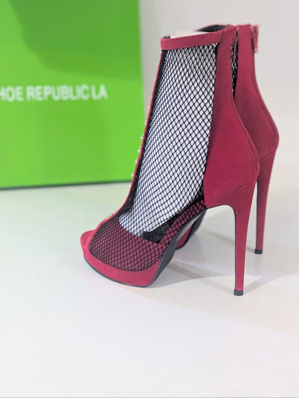 Red Mesh Peep Toe High Heel Ankle Boots with Studded Trim