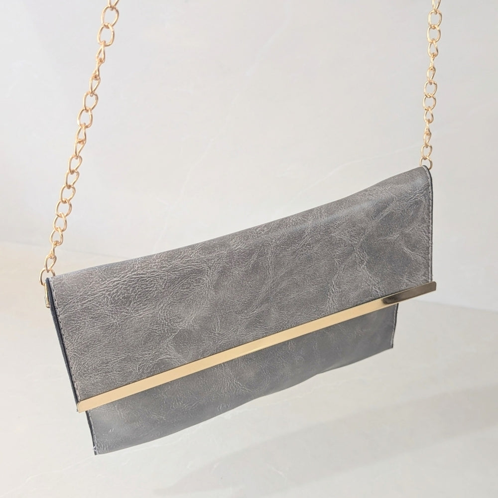 3-Piece Gray Faux Leather Tote and Clutch Bag Set with Gold Accents