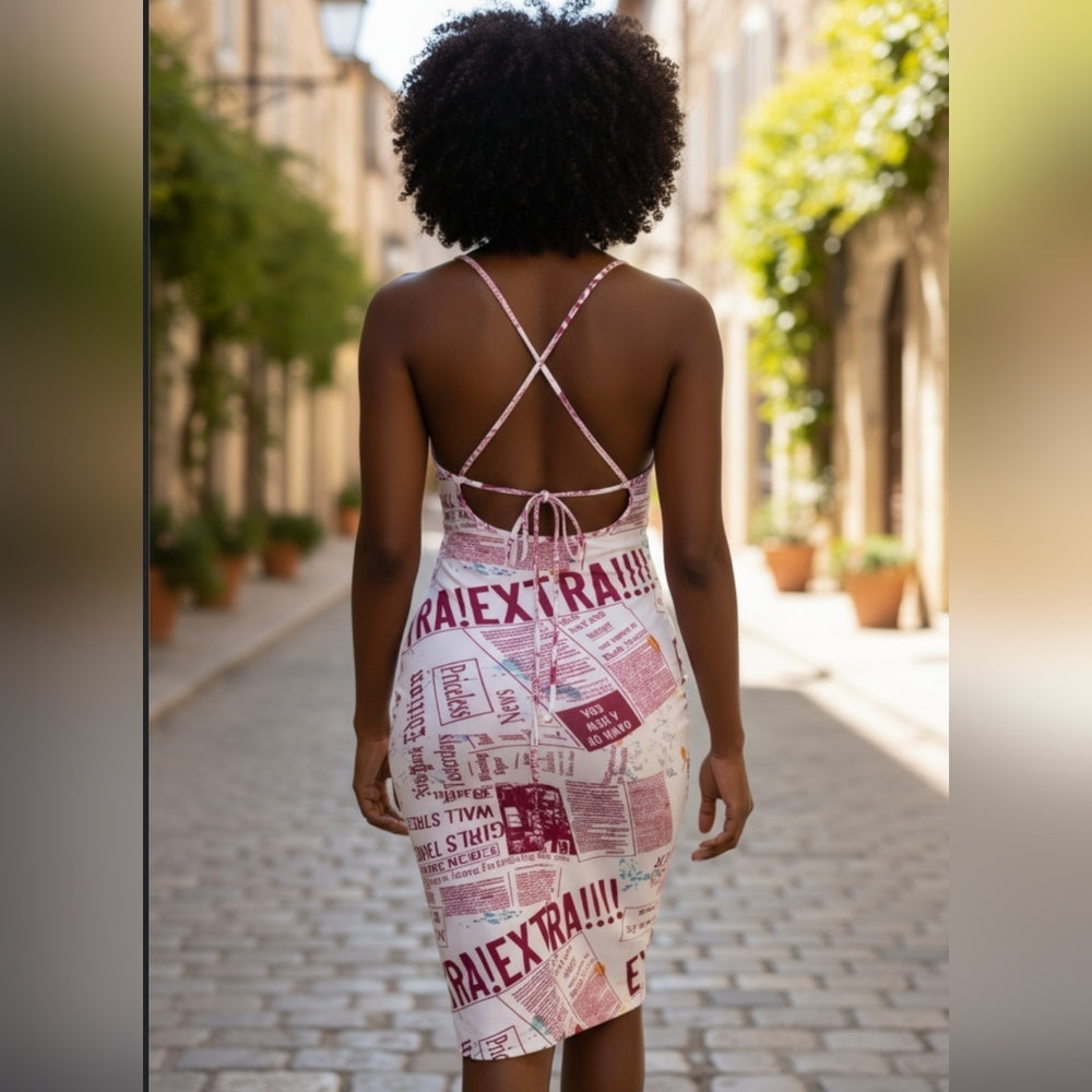 White and Burgundy Newspaper Print Midi Dress with Crisscross Back
