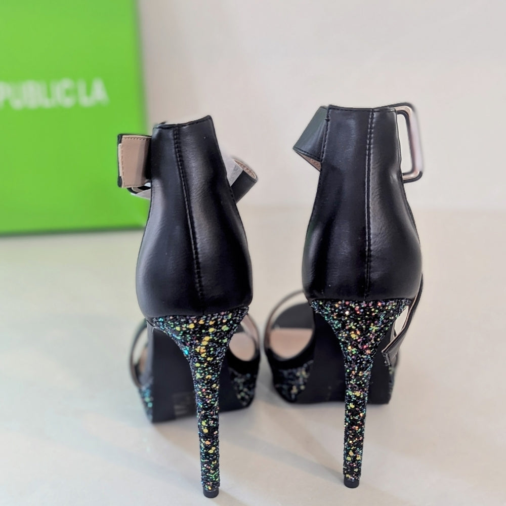 Shoe Republic LA Black Leather Ankle Strap High Heel Sandals with Glittered Sole