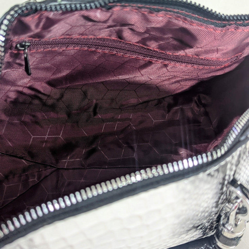 Black and White Faux Crocodile Leather Satchel with Floral Charm