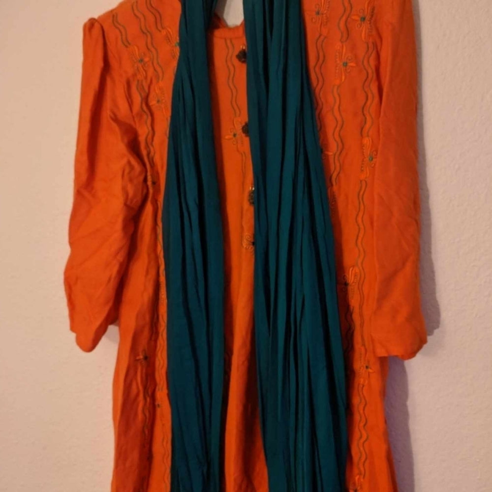 Traditional Orange Embroidered Kurta with Dark Green Scarf and Matching Pants