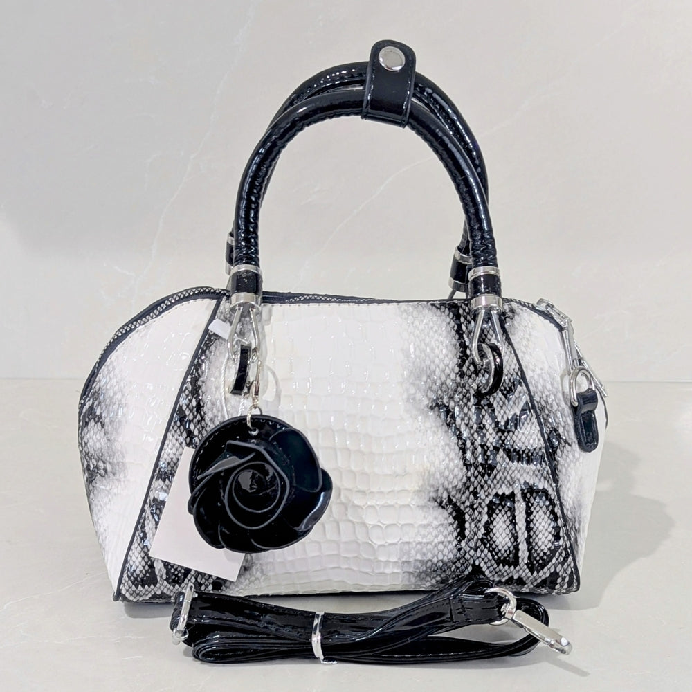 Black and White Faux Crocodile Leather Satchel with Floral Charm