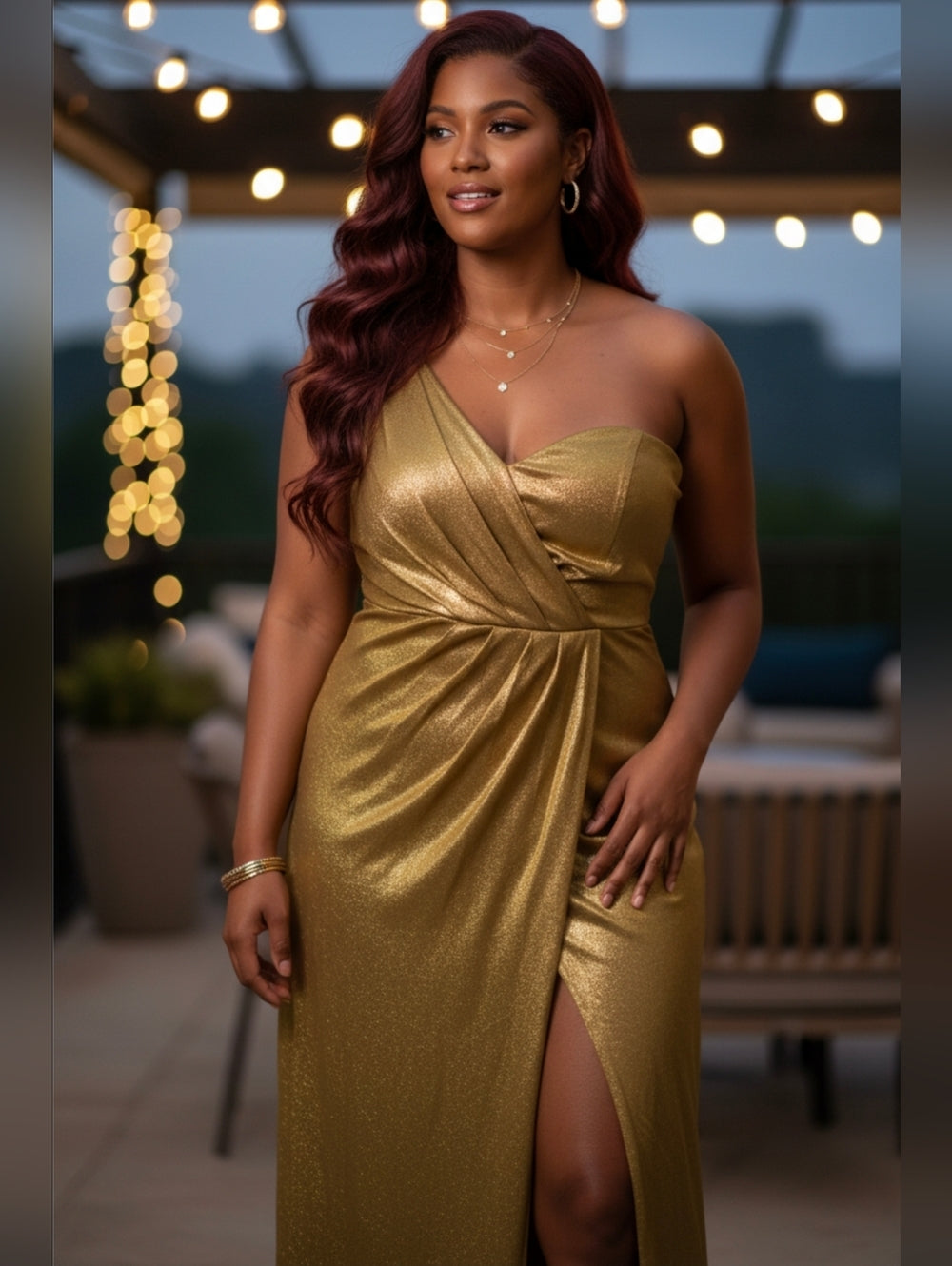 Elegant One-Shoulder Gold Evening Gown Dress Size XL
