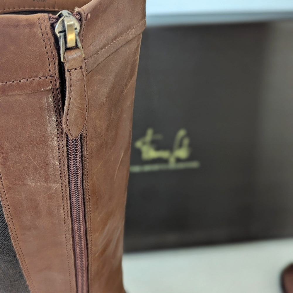 Franco Sarto Brown Leather Knee-High Riding Boots with Block Heel