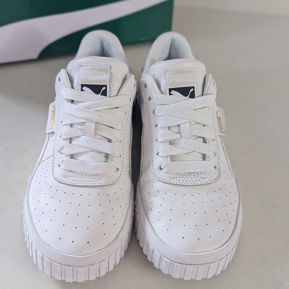 Puma Cali White Leather Sneakers with Gold Accents - Size 10