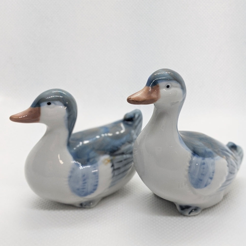 Pair of Vintage Porcelain Duck Figurines Blue and White