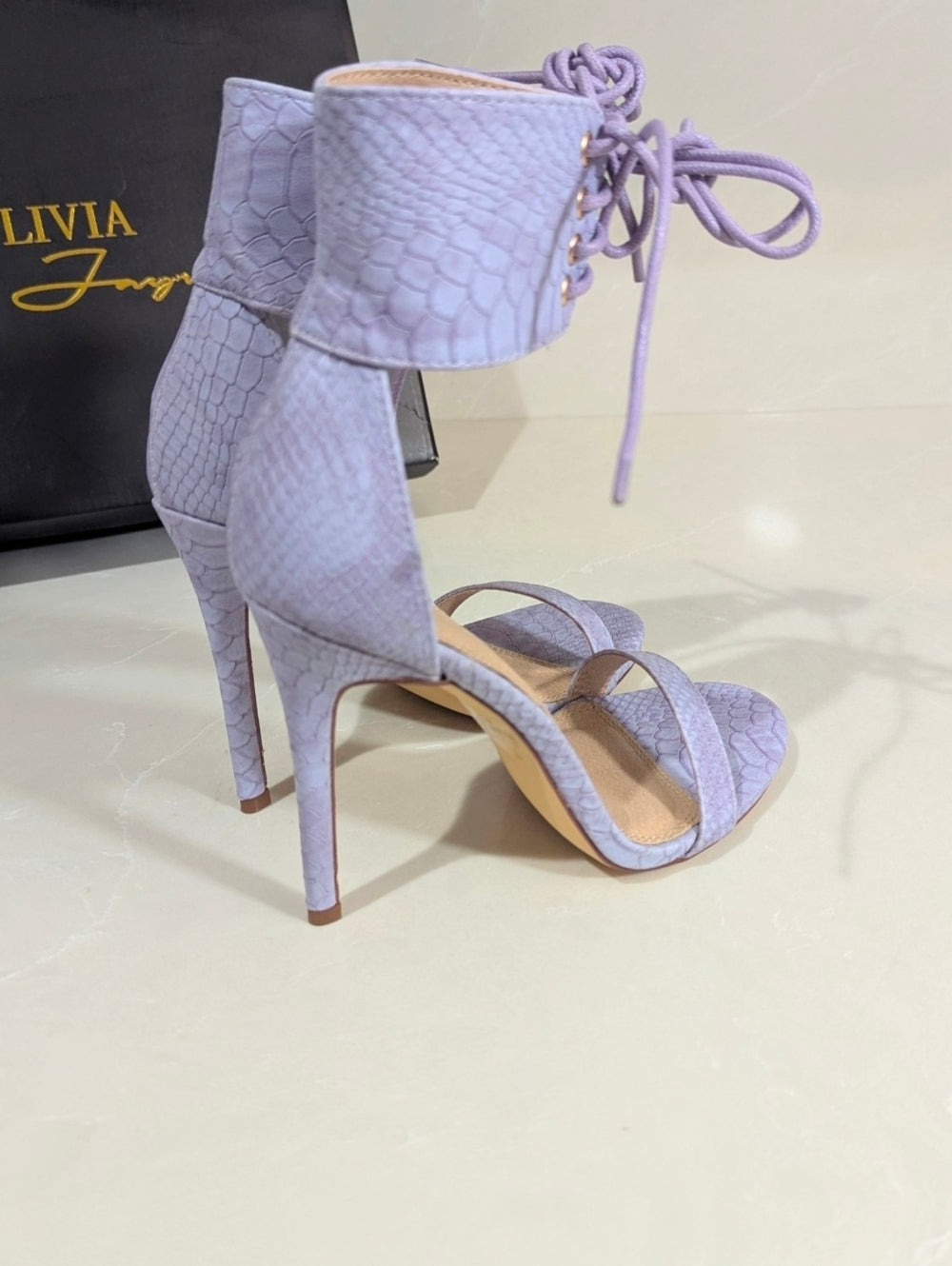 Olivia Jaymes Lilac Snake Print Lace-Up Ankle Strap Heels Size 8
