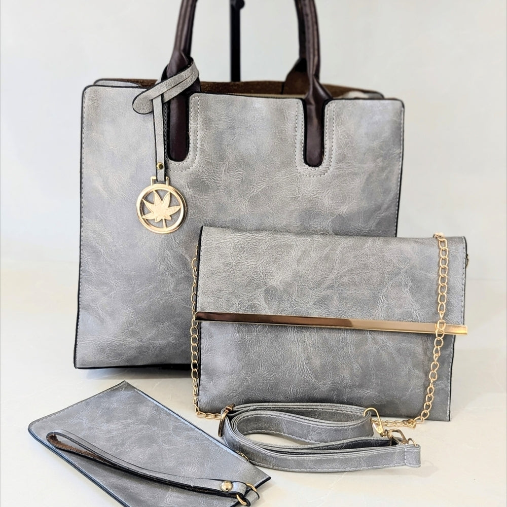 3-Piece Gray Faux Leather Tote and Clutch Bag Set with Gold Accents